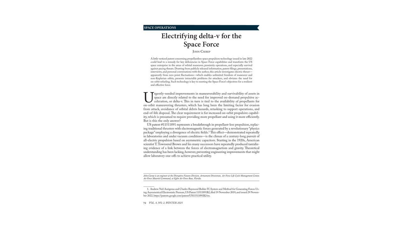 First page of John Cserep's Electrifying delta-v for the Space Force article